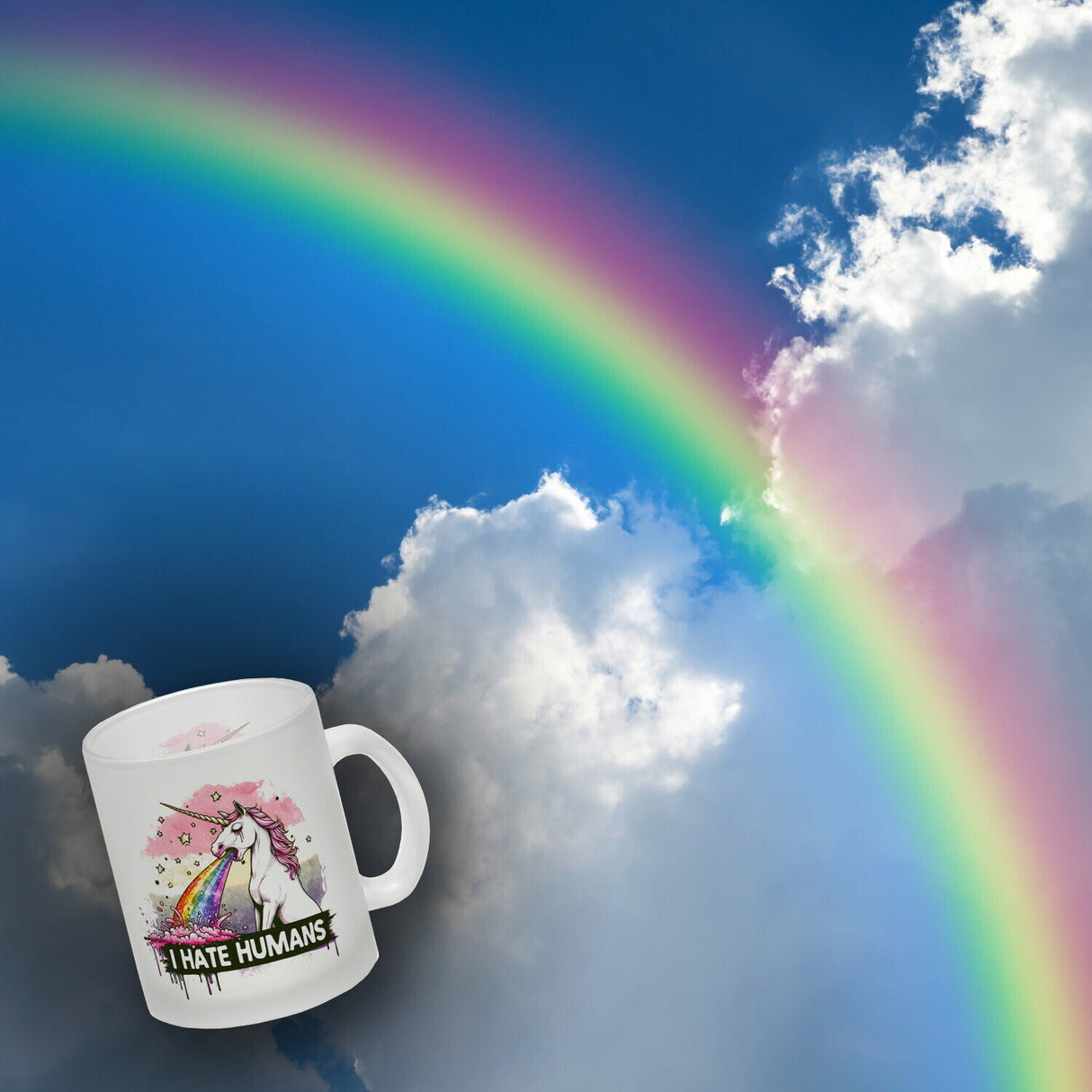Einhorn kotzt Regenbogen Kaffeebecher mit Spruch I hate Humans