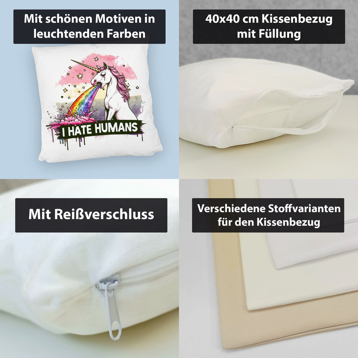 Einhorn kotzt Regenbogen Kissen mit Spruch I hate Humans