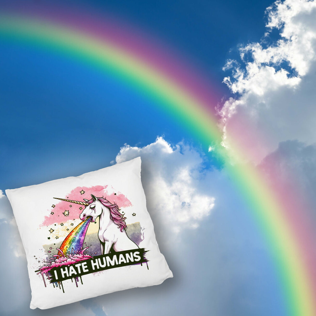 Einhorn kotzt Regenbogen Kissen mit Spruch I hate Humans