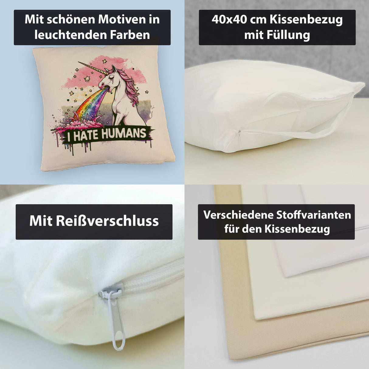 Einhorn kotzt Regenbogen Kissen mit Spruch I hate Humans