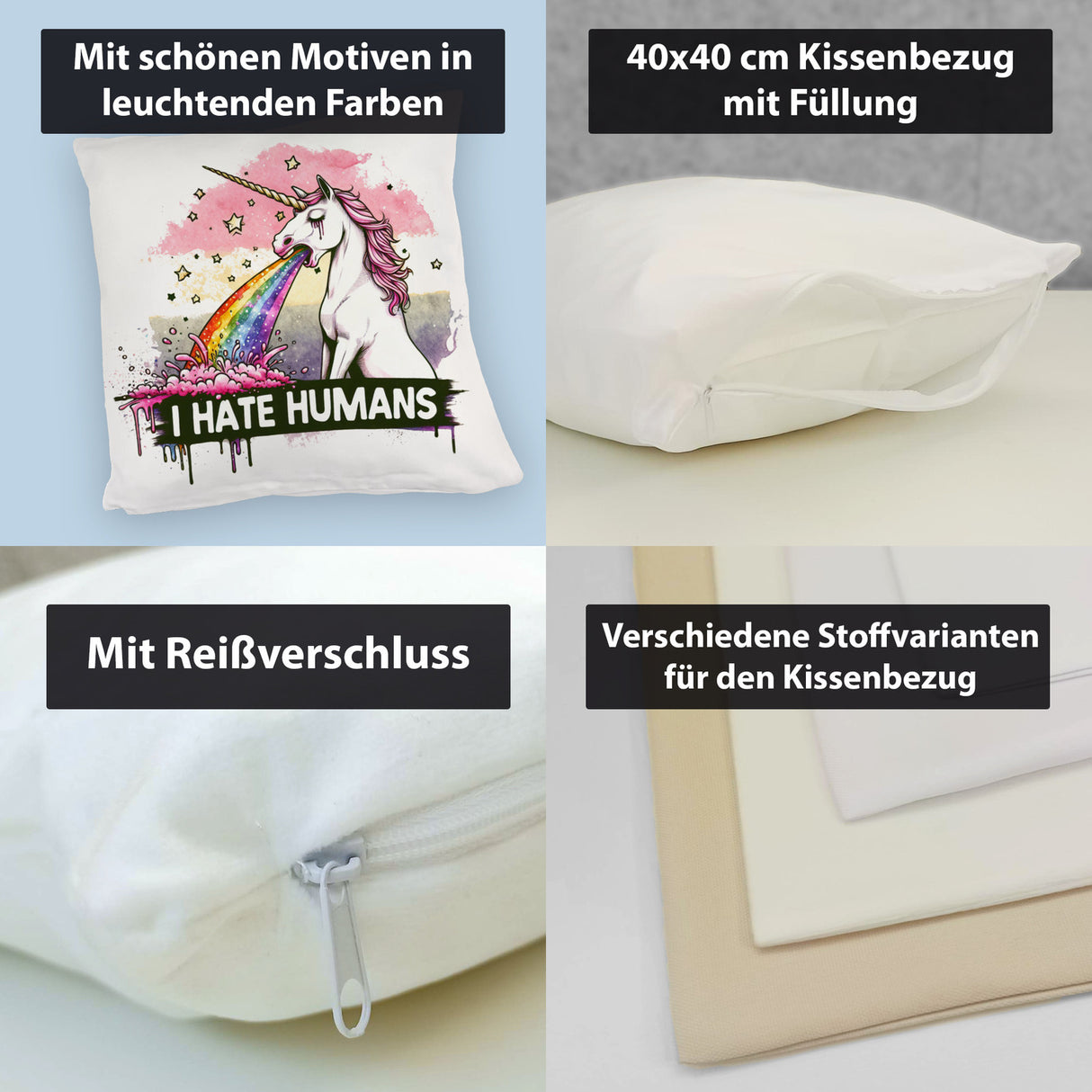 Einhorn kotzt Regenbogen Kissen mit Spruch I hate Humans