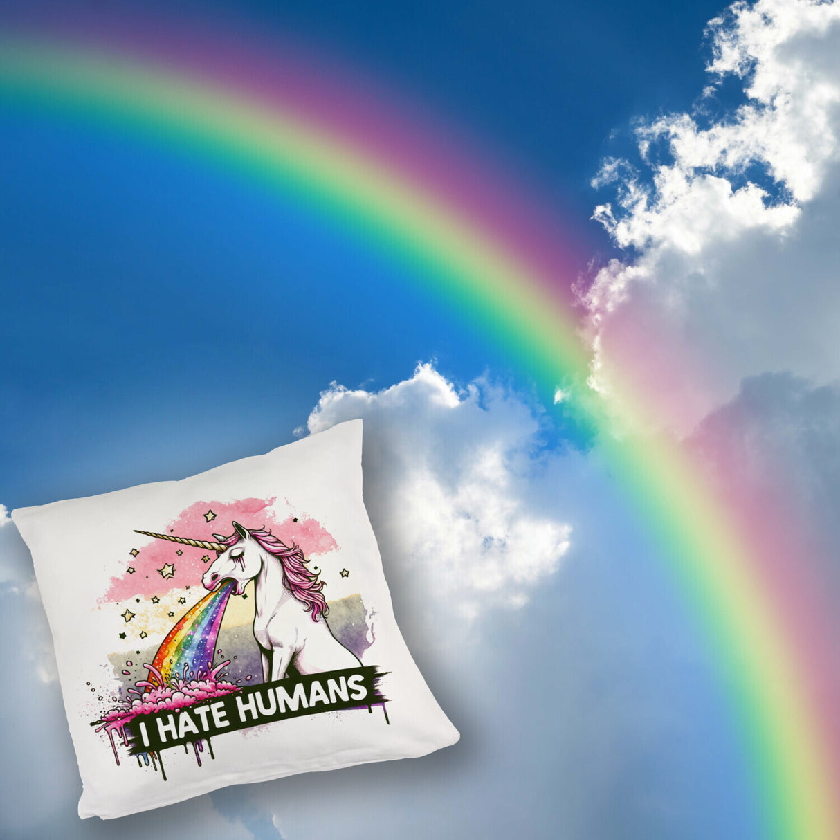 Einhorn kotzt Regenbogen Kissen mit Spruch I hate Humans