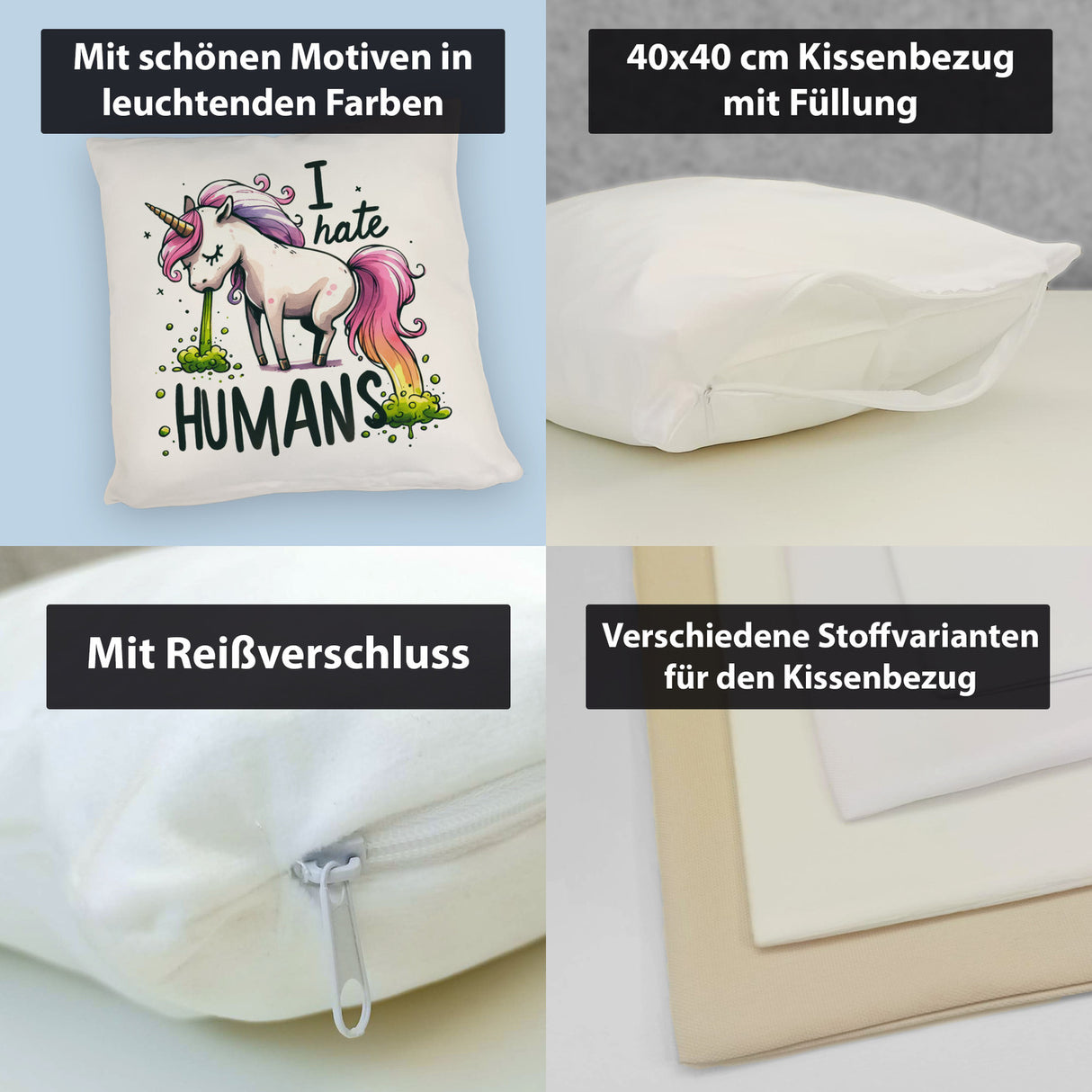 Kotzendes Einhorn Kissen mit Spruch I hate Humans