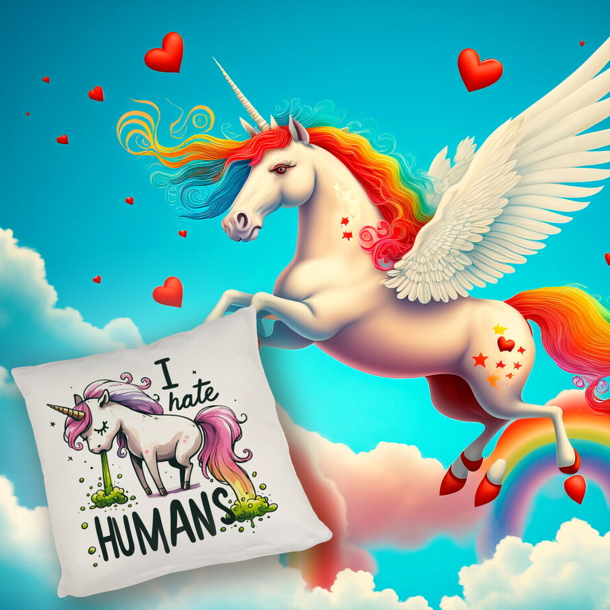 Kotzendes Einhorn Kissen mit Spruch I hate Humans