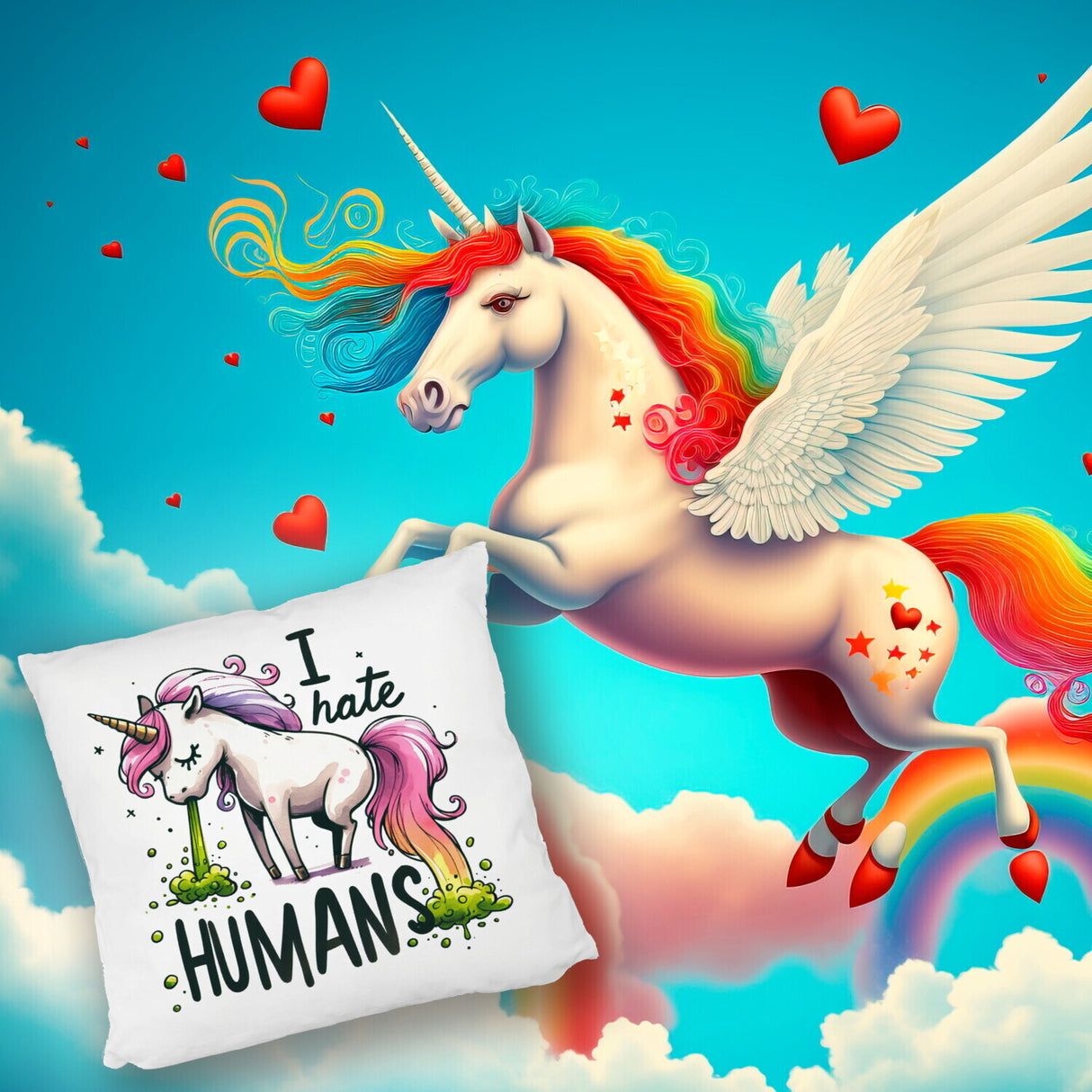 Kotzendes Einhorn Kissen mit Spruch I hate Humans