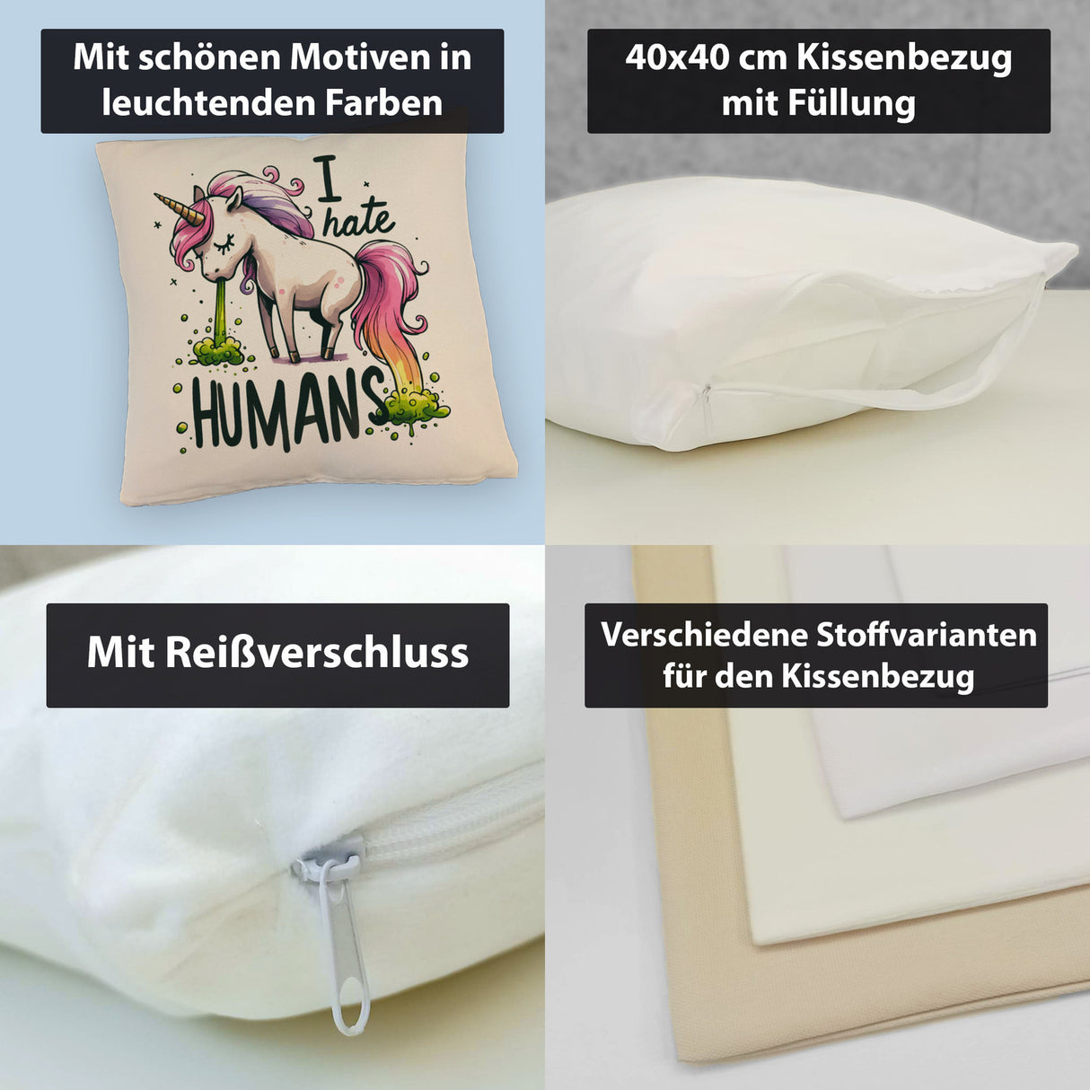 Kotzendes Einhorn Kissen mit Spruch I hate Humans