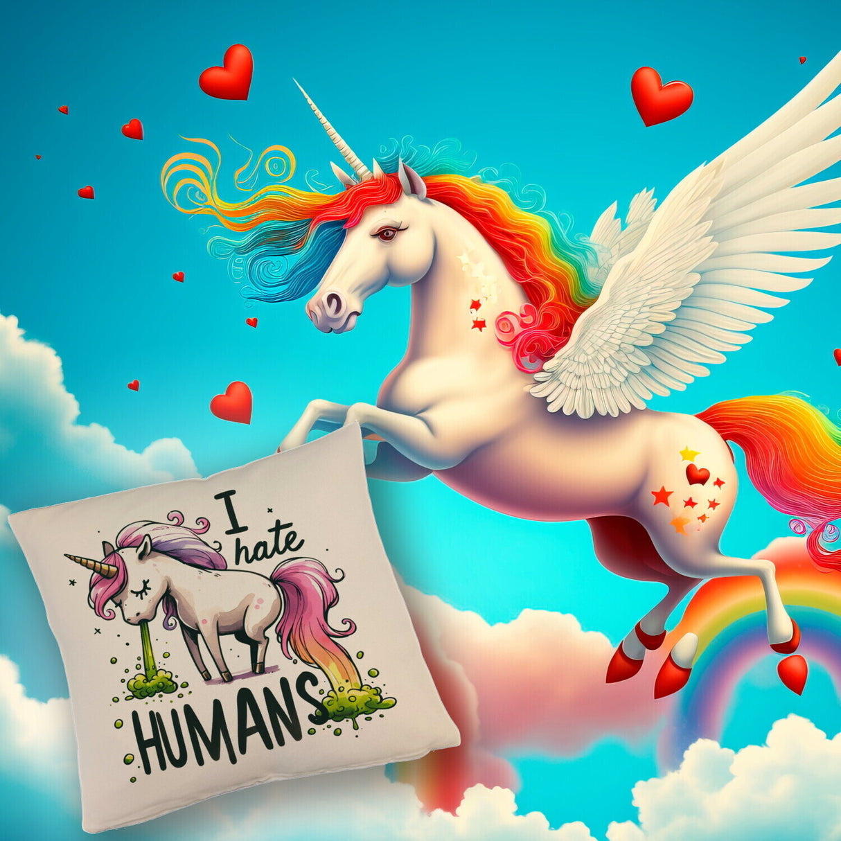 Kotzendes Einhorn Kissen mit Spruch I hate Humans