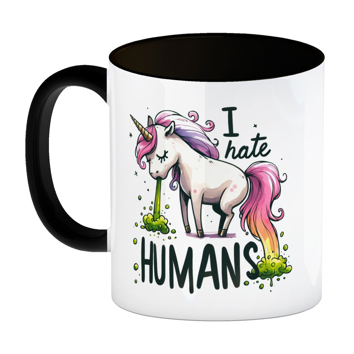 Kotzendes Einhorn Kaffeebecher mit Spruch I hate Humans