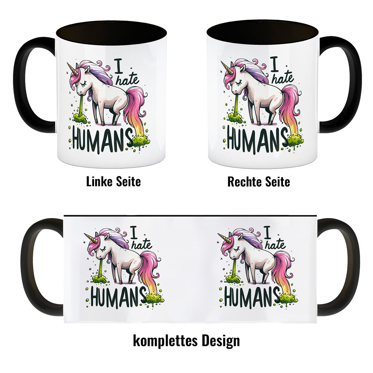 Kotzendes Einhorn Kaffeebecher mit Spruch I hate Humans