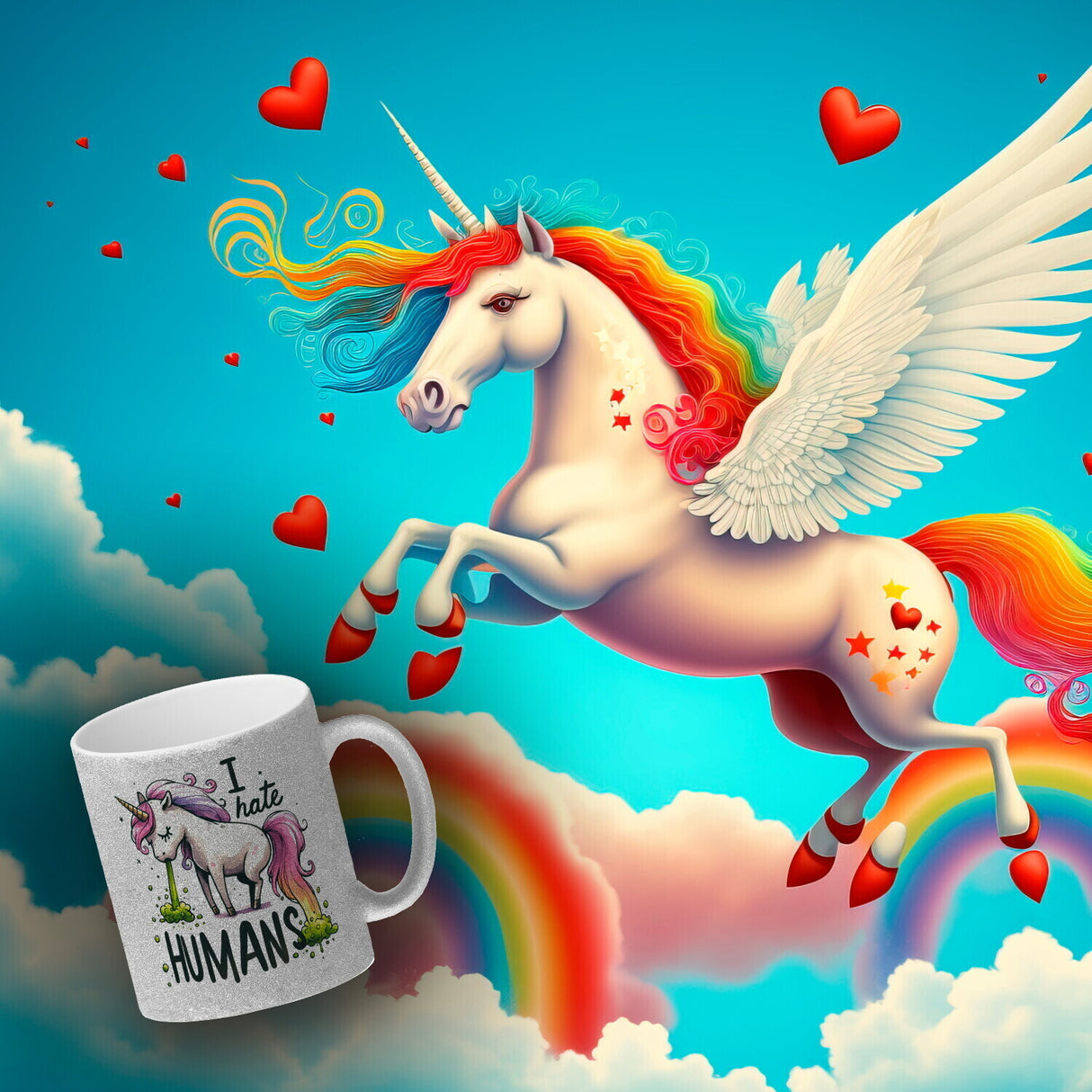 Kotzendes Einhorn Kaffeebecher mit Spruch I hate Humans