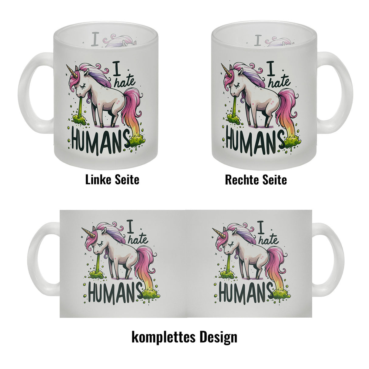 Kotzendes Einhorn Kaffeebecher mit Spruch I hate Humans