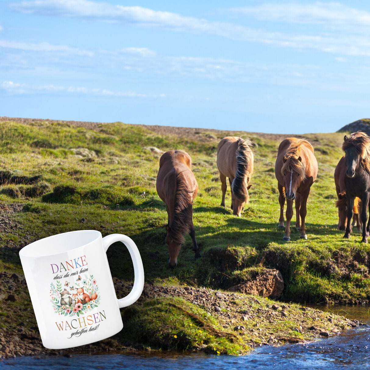 Waldtiere Kaffeebecher mit Spruch Danke für Deine Hilfe beim Wachsen
