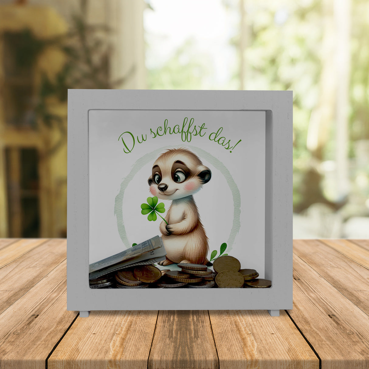 Erdmännchen mit Kleeblatt Spardose mit Spruch Du schaffst das