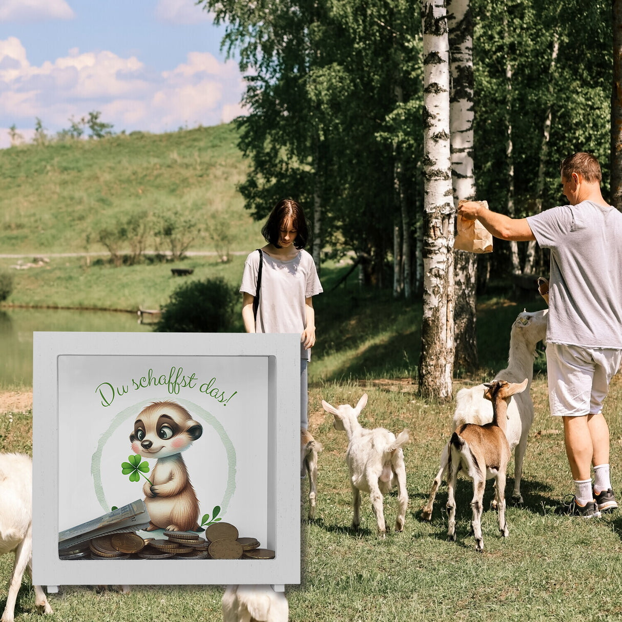 Erdmännchen mit Kleeblatt Spardose mit Spruch Du schaffst das