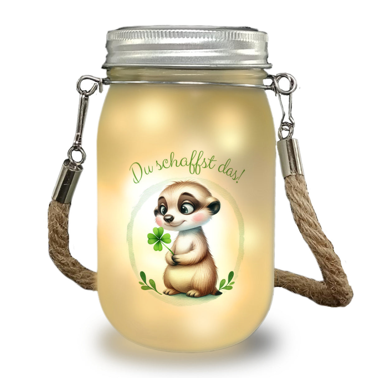 Erdmännchen mit Kleeblatt Solarlicht mit Spruch Du schaffst das