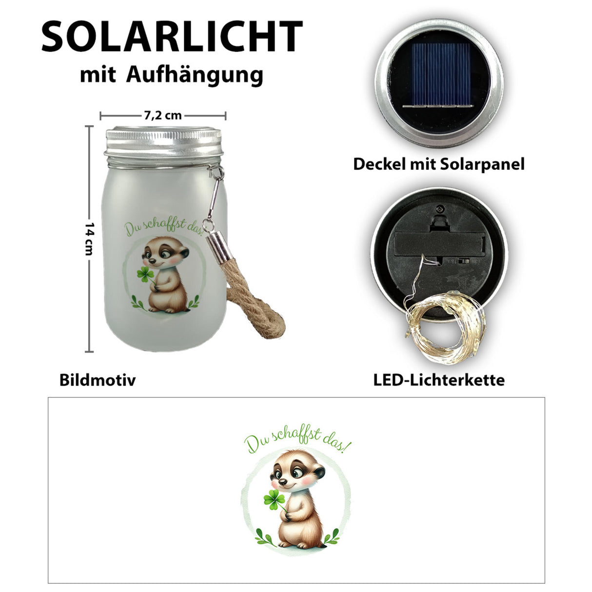 Erdmännchen mit Kleeblatt Solarlicht mit Spruch Du schaffst das