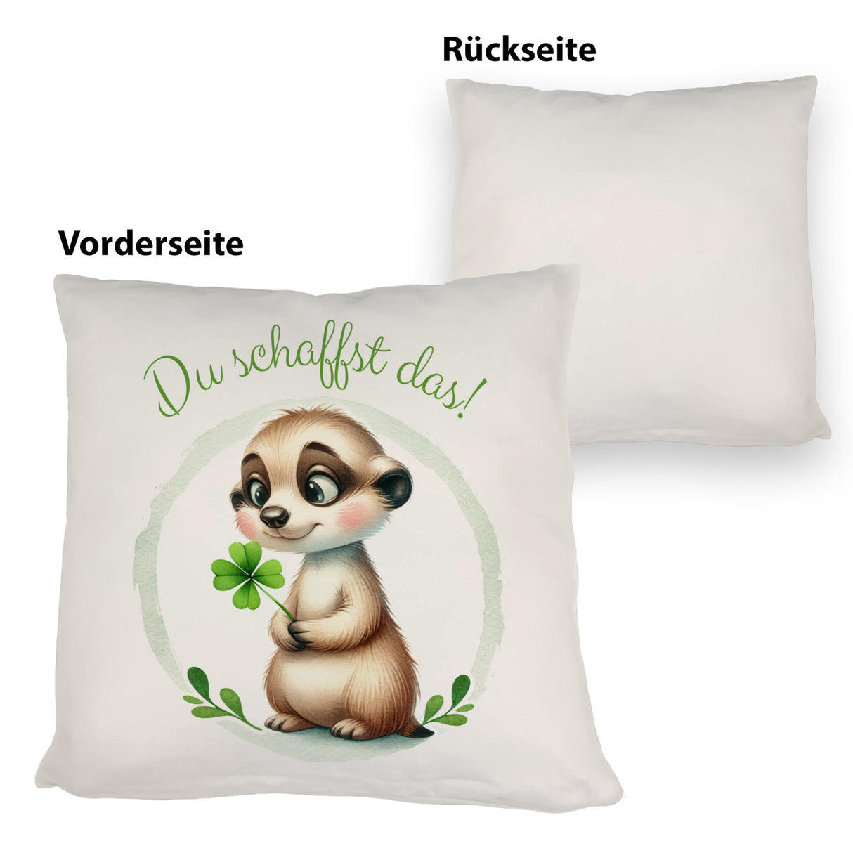 Erdmännchen mit Kleeblatt Kissen mit Spruch Du schaffst das