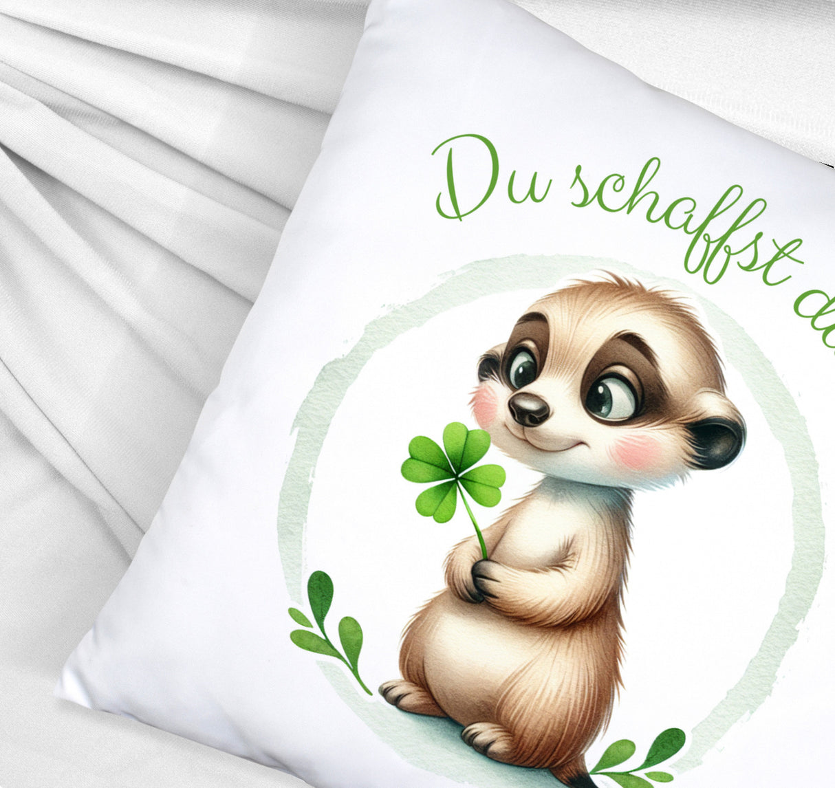 Erdmännchen mit Kleeblatt Kissen mit Spruch Du schaffst das