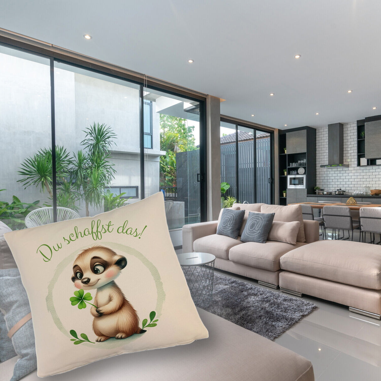 Erdmännchen mit Kleeblatt Kissen mit Spruch Du schaffst das
