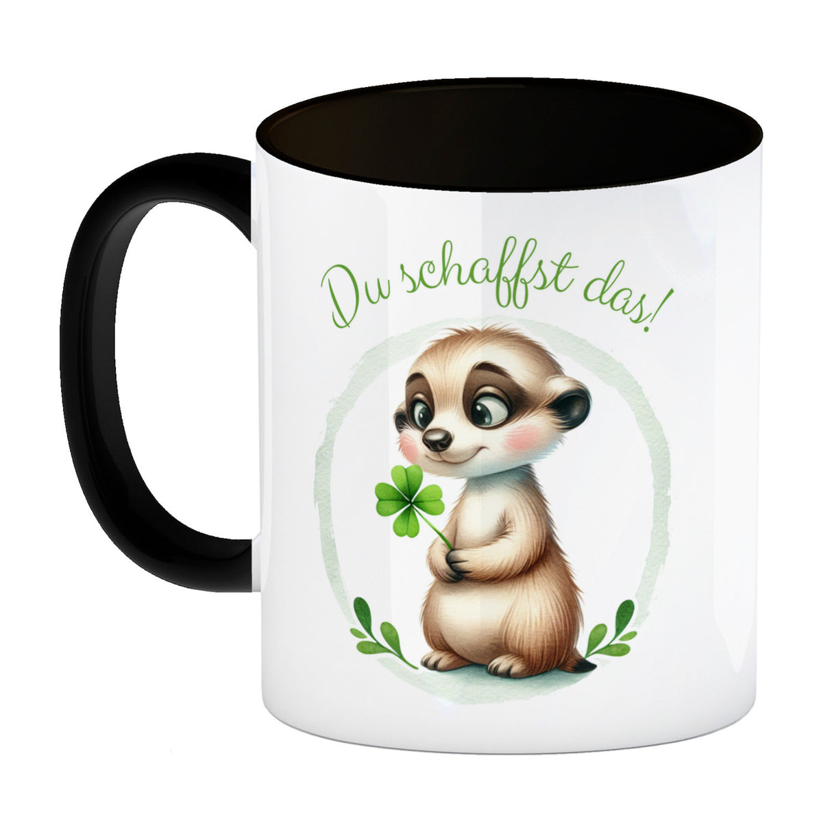 Erdmännchen mit Kleeblatt Kaffeebecher mit Spruch Du schaffst das
