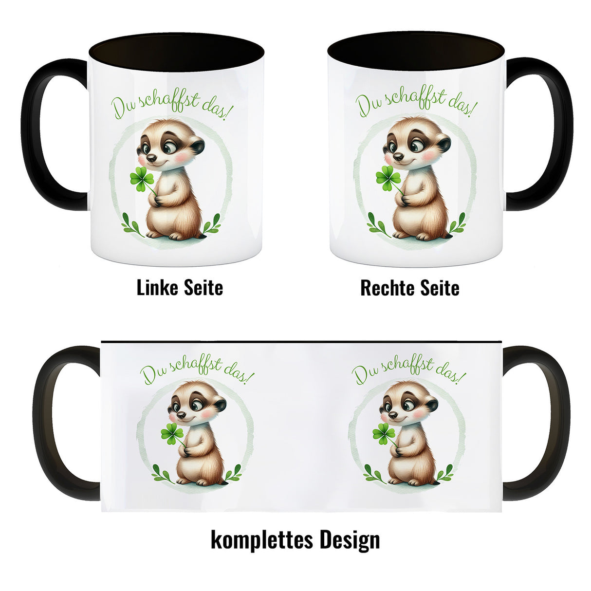 Erdmännchen mit Kleeblatt Kaffeebecher mit Spruch Du schaffst das
