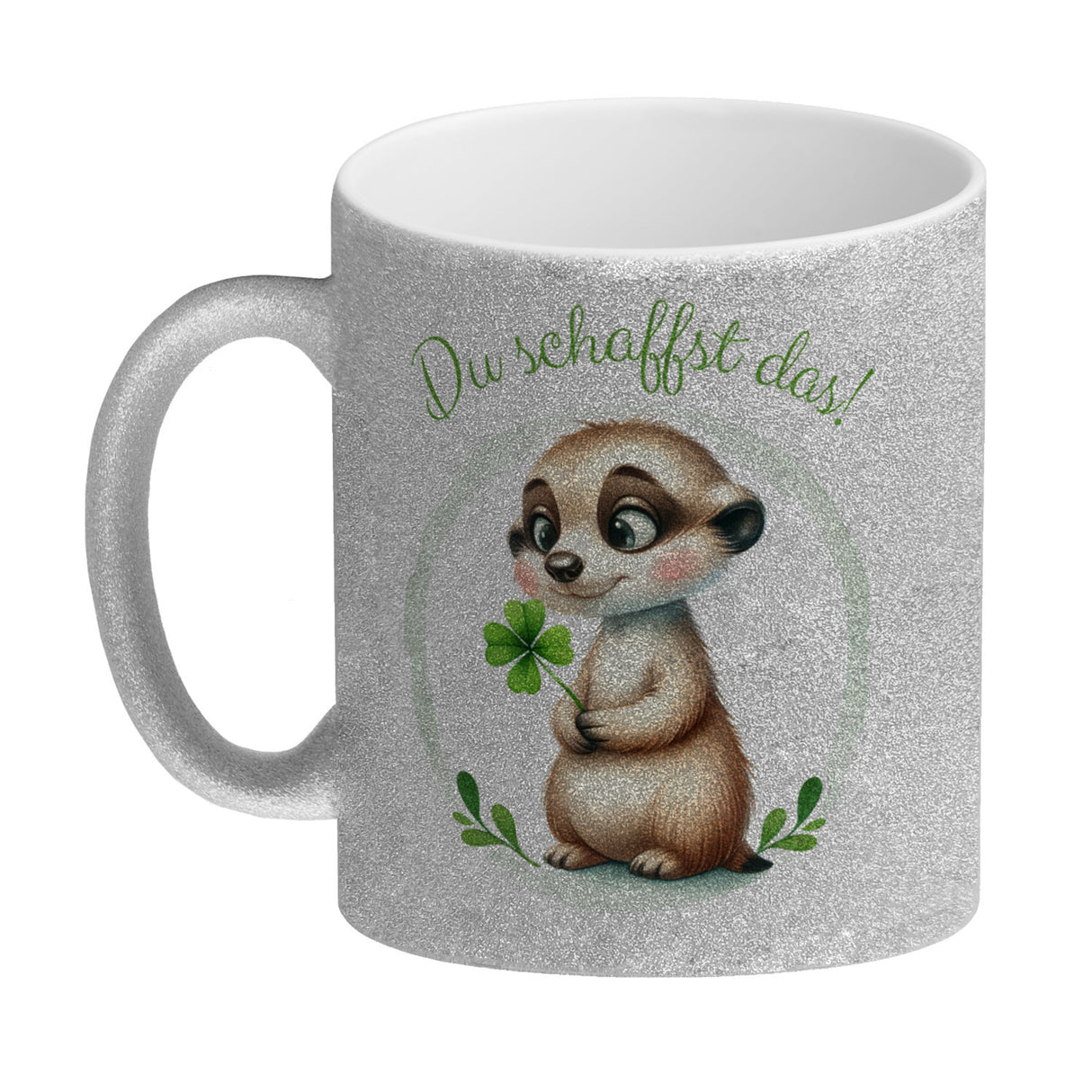 Erdmännchen mit Kleeblatt Kaffeebecher mit Spruch Du schaffst das