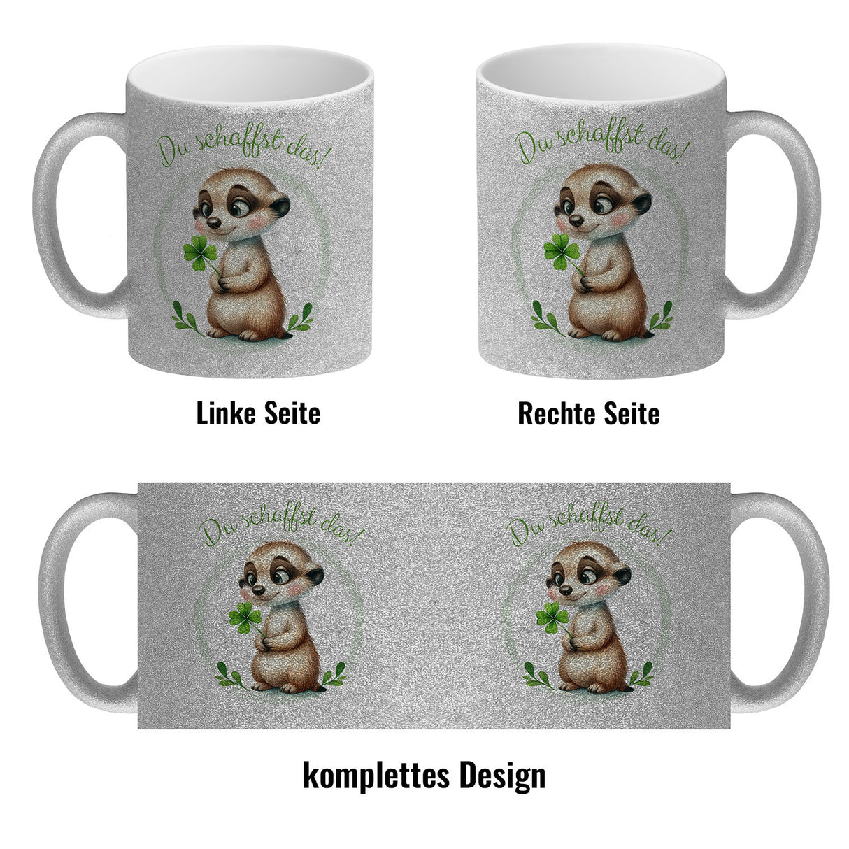 Erdmännchen mit Kleeblatt Kaffeebecher mit Spruch Du schaffst das