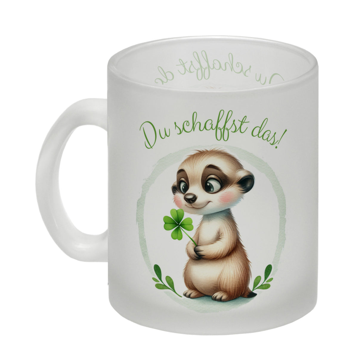 Erdmännchen mit Kleeblatt Kaffeebecher mit Spruch Du schaffst das
