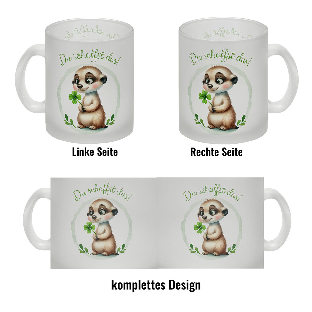 Erdmännchen mit Kleeblatt Kaffeebecher mit Spruch Du schaffst das
