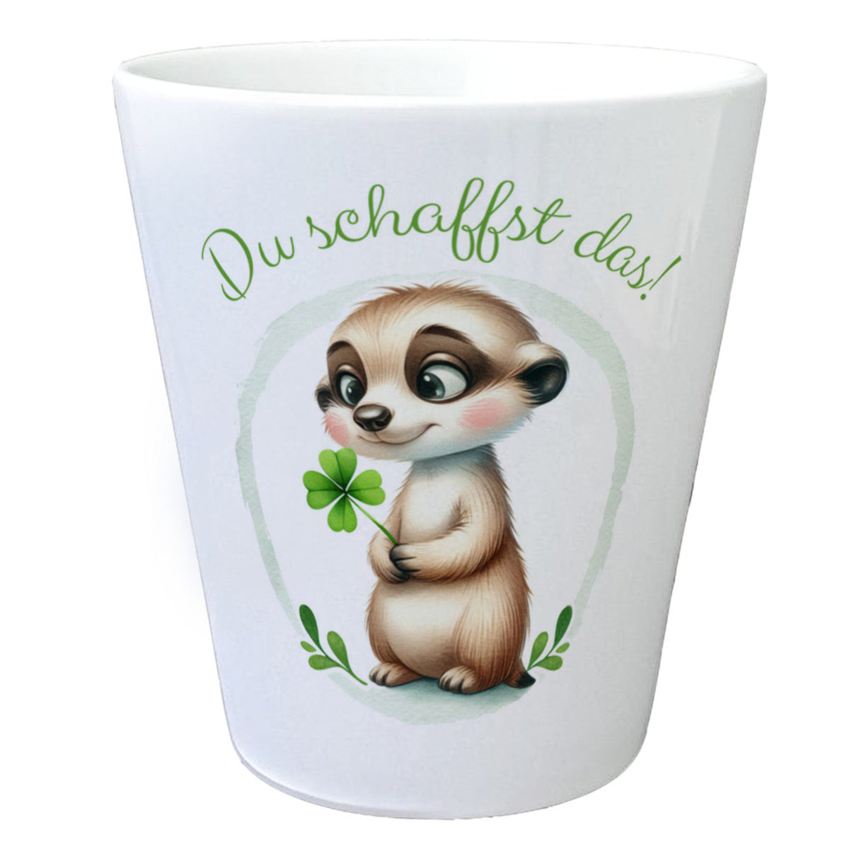 Erdmännchen mit Kleeblatt Blumentopf mit Spruch Du schaffst das