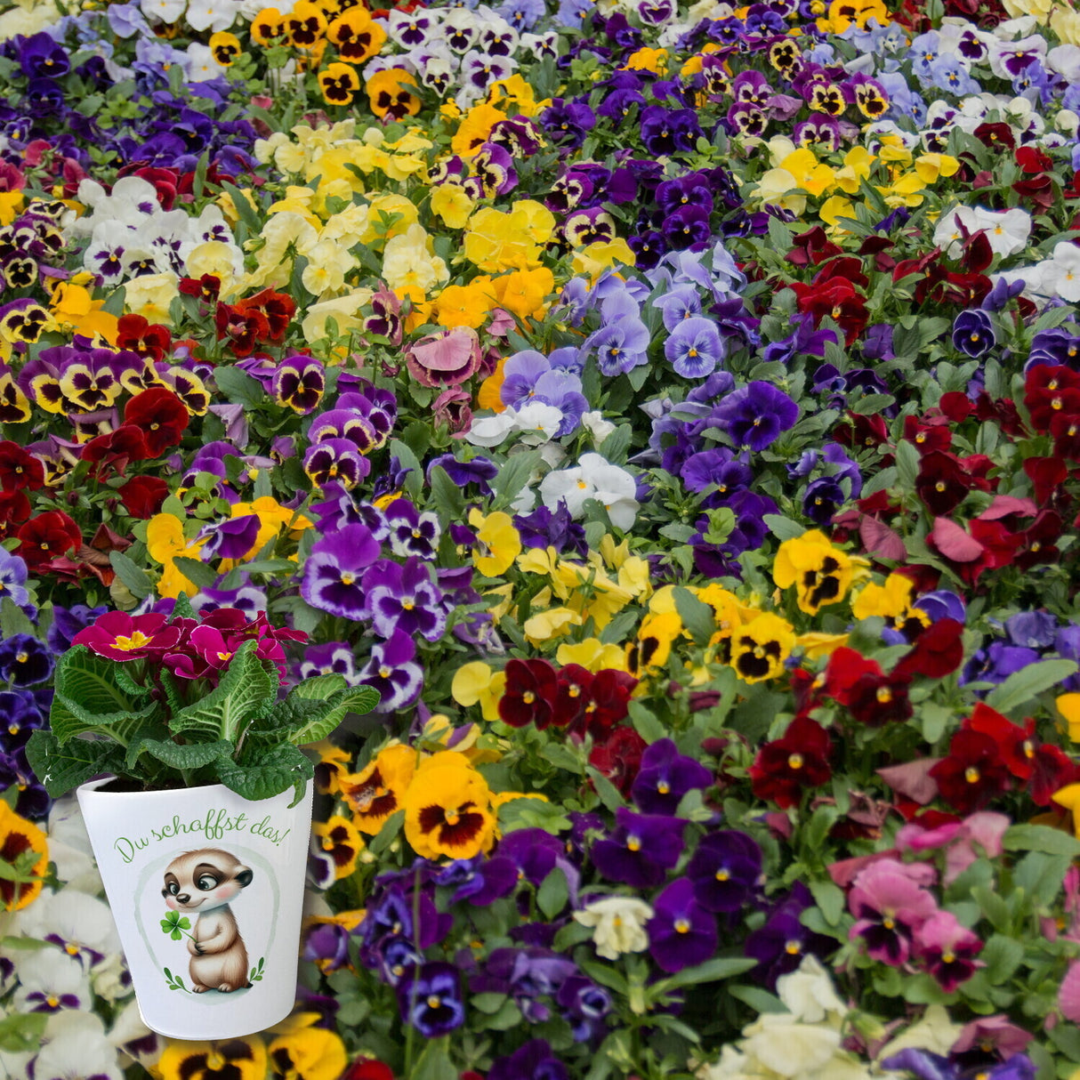 Erdmännchen mit Kleeblatt Blumentopf mit Spruch Du schaffst das