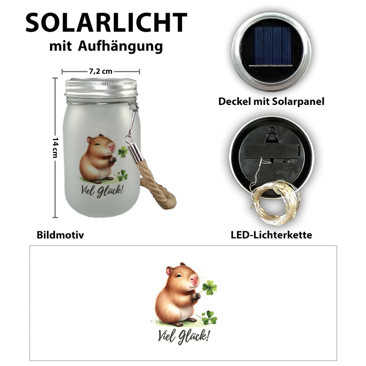 Capybara mit Kleeblatt Solarlicht mit Spruch Viel Glück