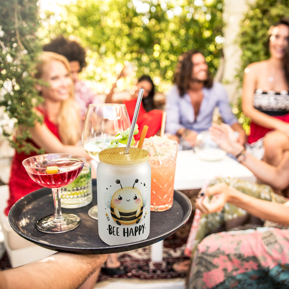 Biene Bee Happy Trinkglas mit Bambusdeckel