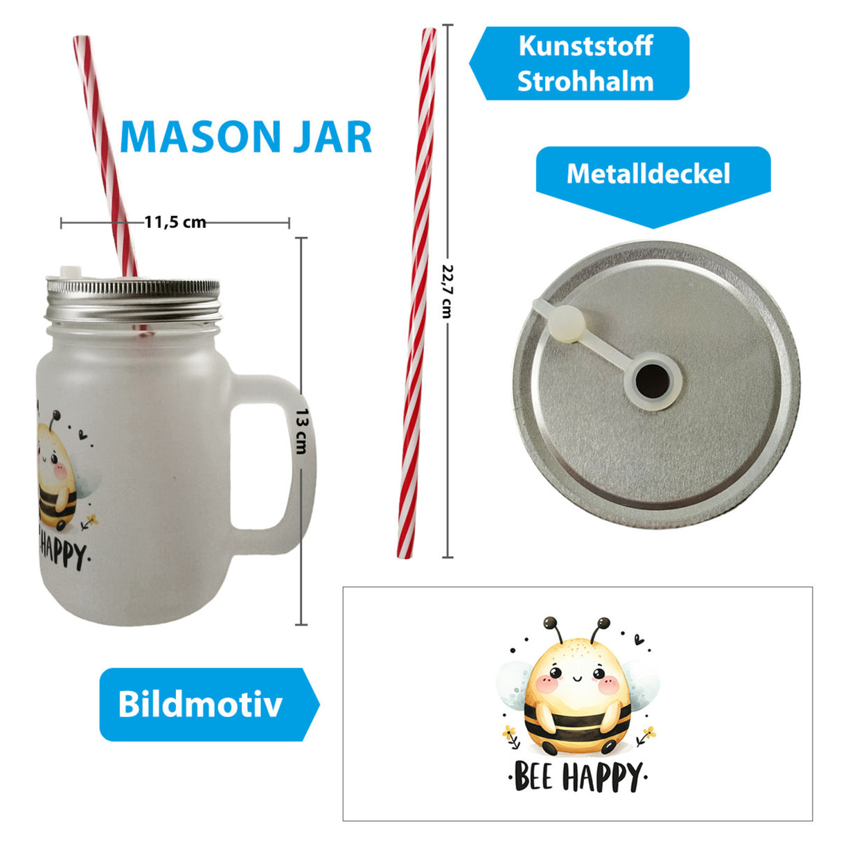 Biene Bee Happy Trinkglas mit Bambusdeckel