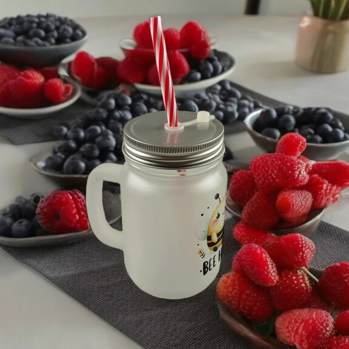 Biene Bee Happy Trinkglas mit Bambusdeckel