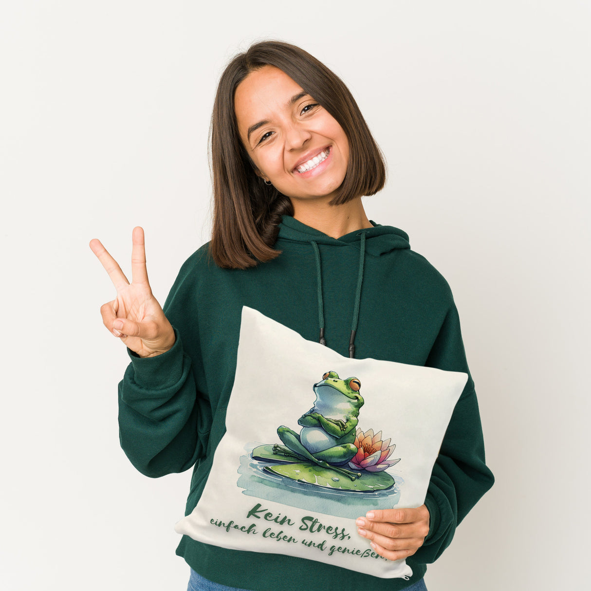Frosch auf Seerose Kissen mit Spruch Kein Stress einfach leben und genießen