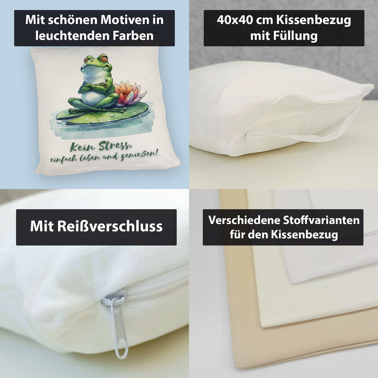Frosch auf Seerose Kissen mit Spruch Kein Stress einfach leben und genießen