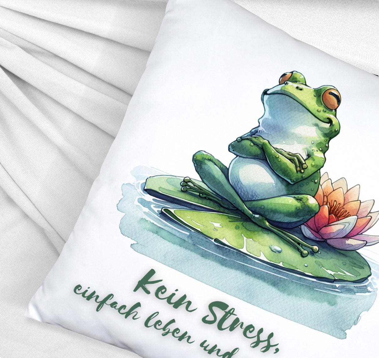 Frosch auf Seerose Kissen mit Spruch Kein Stress einfach leben und genießen