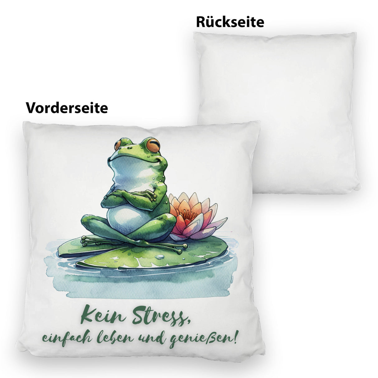 Frosch auf Seerose Kissen mit Spruch Kein Stress einfach leben und genießen
