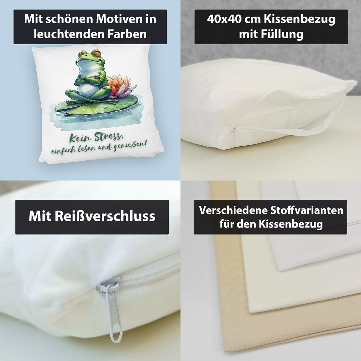 Frosch auf Seerose Kissen mit Spruch Kein Stress einfach leben und genießen