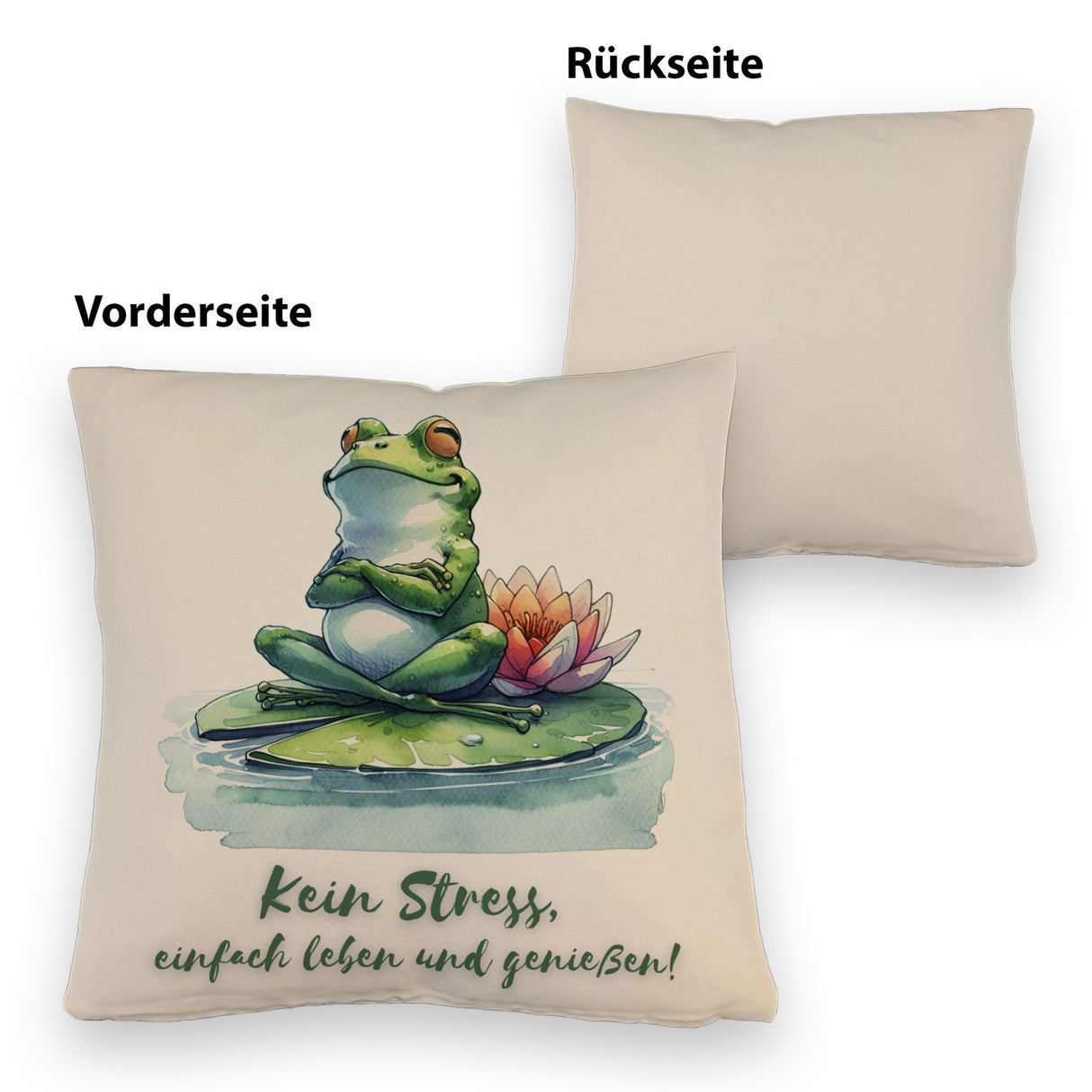 Frosch auf Seerose Kissen mit Spruch Kein Stress einfach leben und genießen