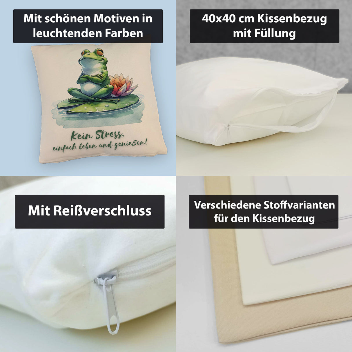 Frosch auf Seerose Kissen mit Spruch Kein Stress einfach leben und genießen
