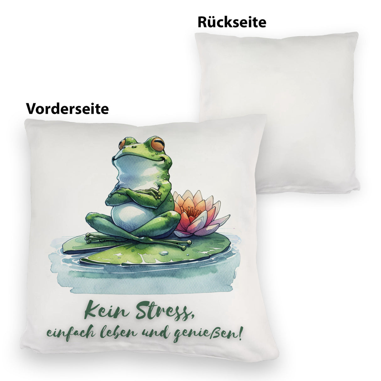 Frosch auf Seerose Kissen mit Spruch Kein Stress einfach leben und genießen