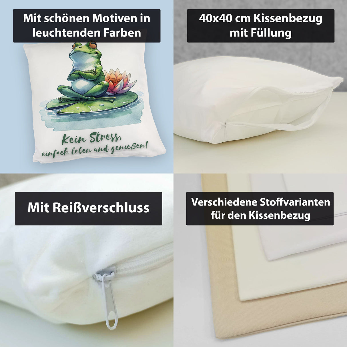 Frosch auf Seerose Kissen mit Spruch Kein Stress einfach leben und genießen