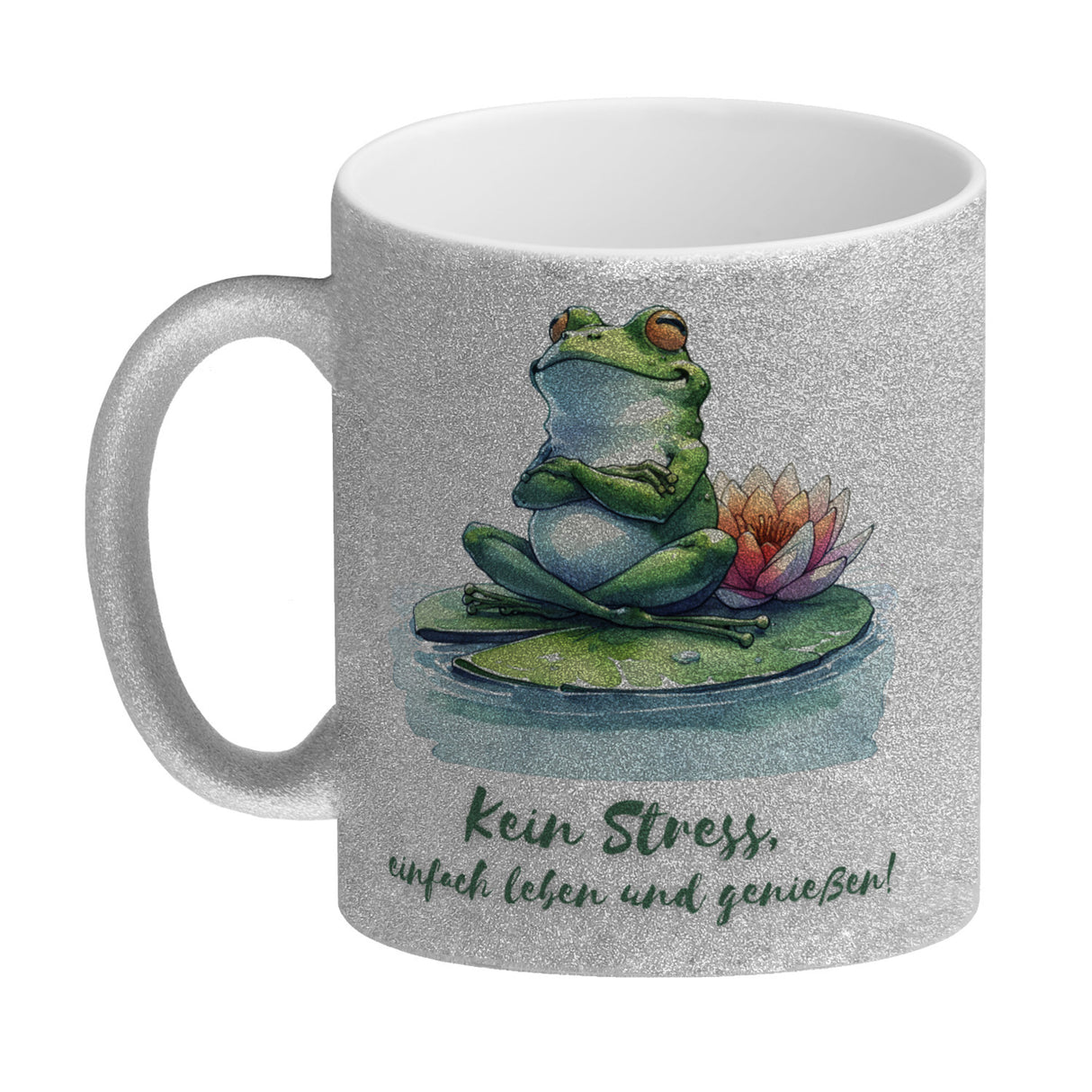 Frosch auf Seerose Kaffeebecher mit Spruch Kein Stress einfach leben und genießen