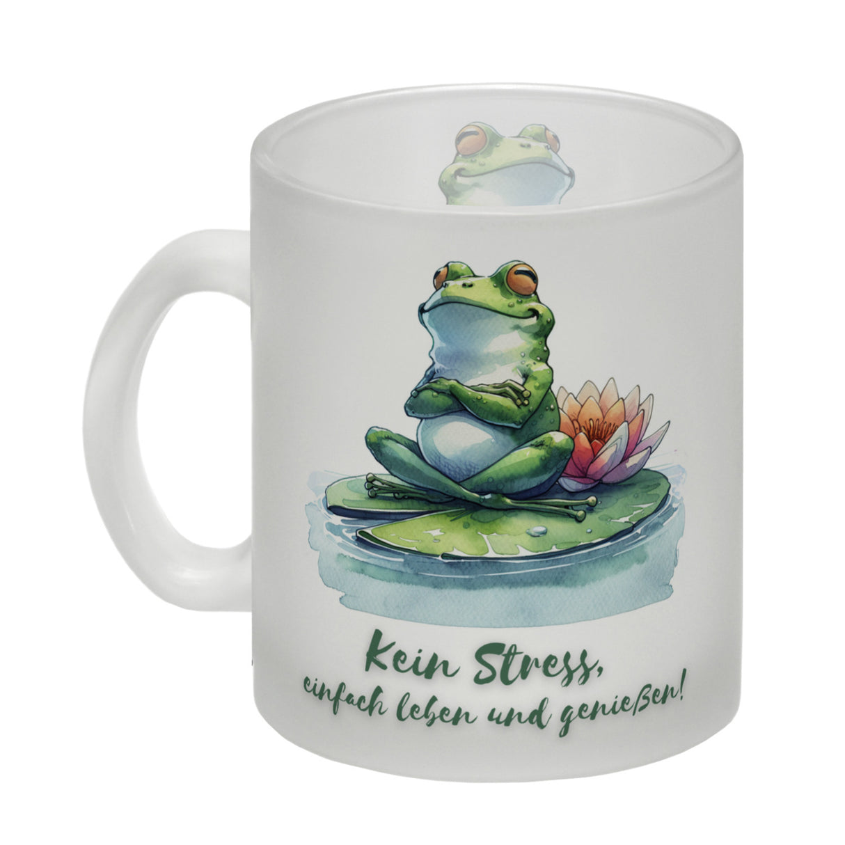 Frosch auf Seerose Kaffeebecher mit Spruch Kein Stress einfach leben und genießen