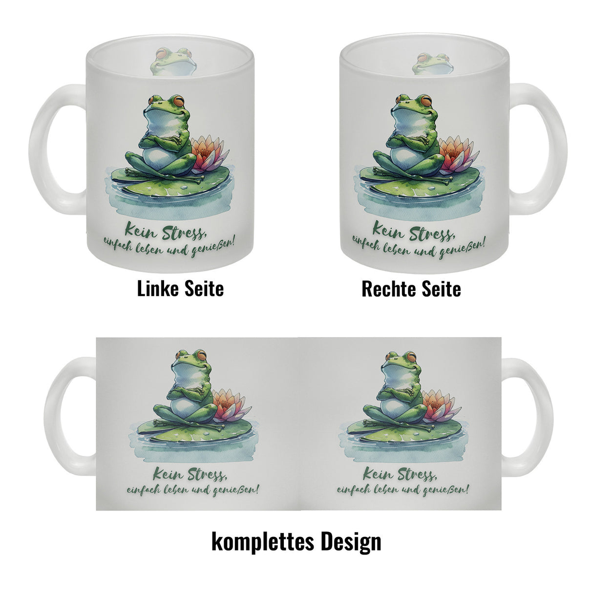 Frosch auf Seerose Kaffeebecher mit Spruch Kein Stress einfach leben und genießen