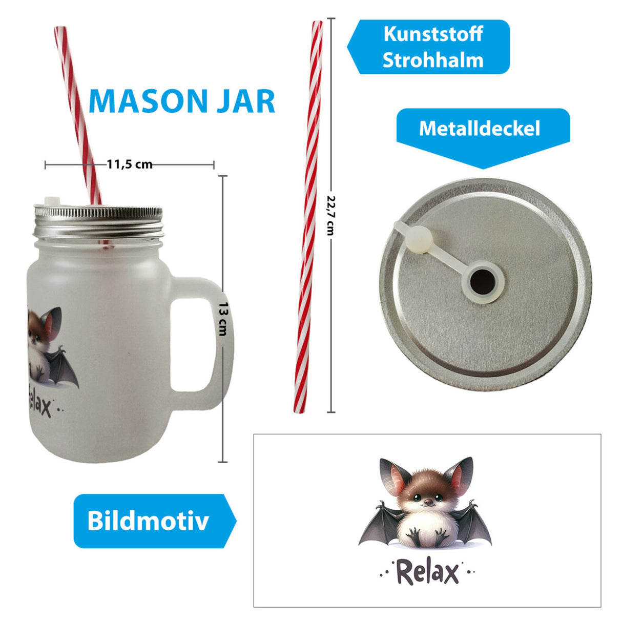 Baby Fledermaus Trinkglas mit Bambusdeckel mit Spruch Relax
