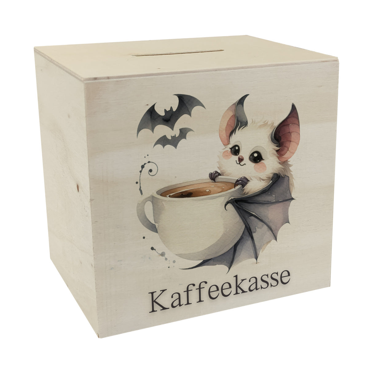niedliche Fledermaus mit Kaffeetasse Spardose mit Spruch Kaffeekasse