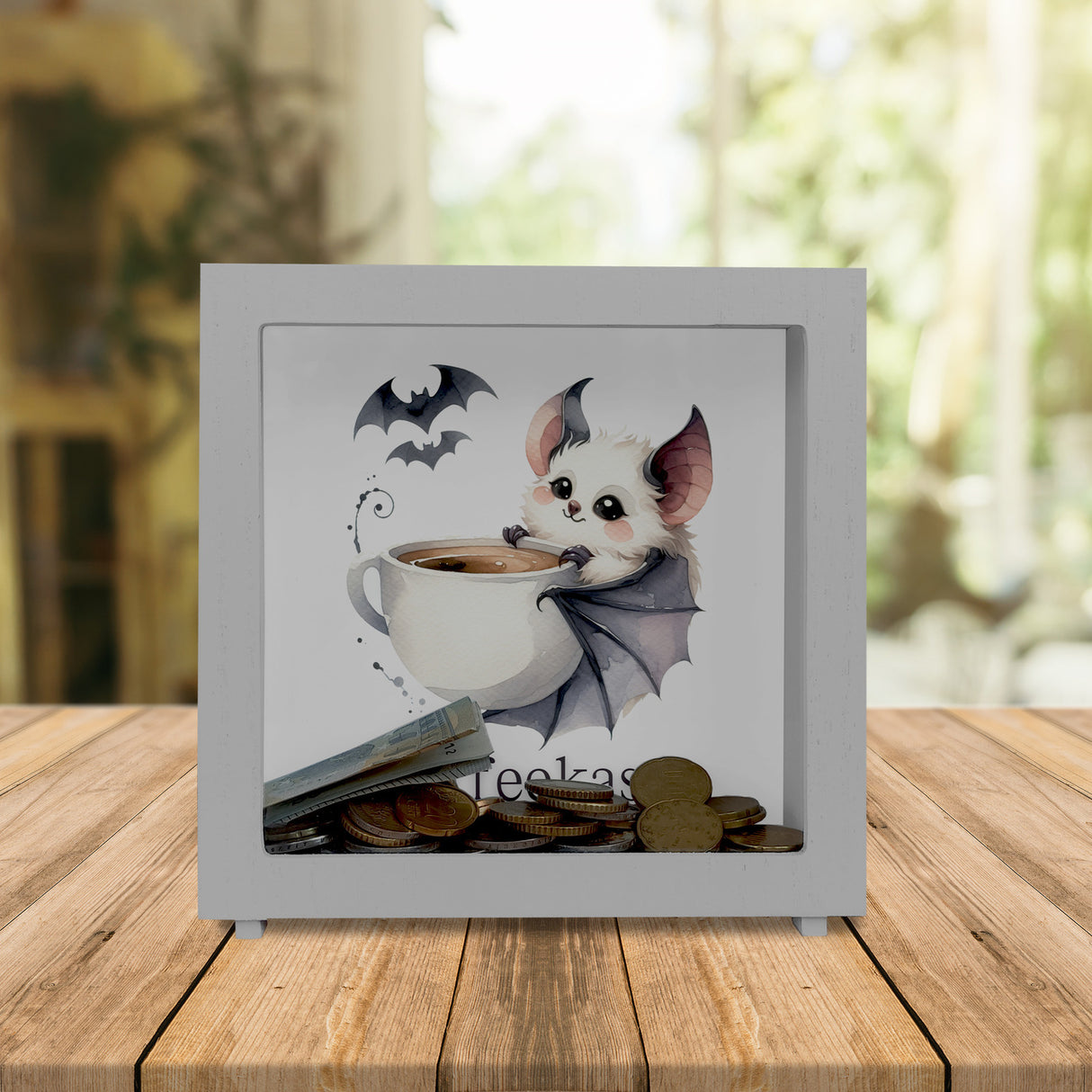niedliche Fledermaus mit Kaffeetasse Spardose mit Spruch Kaffeekasse